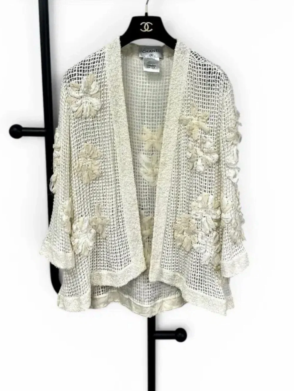 CHANEL Cream Crochet Floral Open-Front Shrug